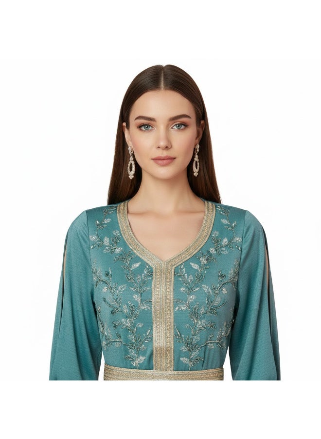 FULL JOY Maxi Elegant Jalabiya embroidered with Sequins and Beads  from a soft and flowing Fabric And Long sleeves with an open cut - Image 3